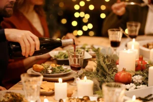 a table with food an wine