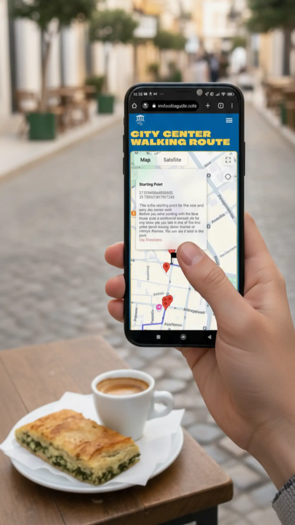 a hand holding a smartphone with the map. coffee in the background