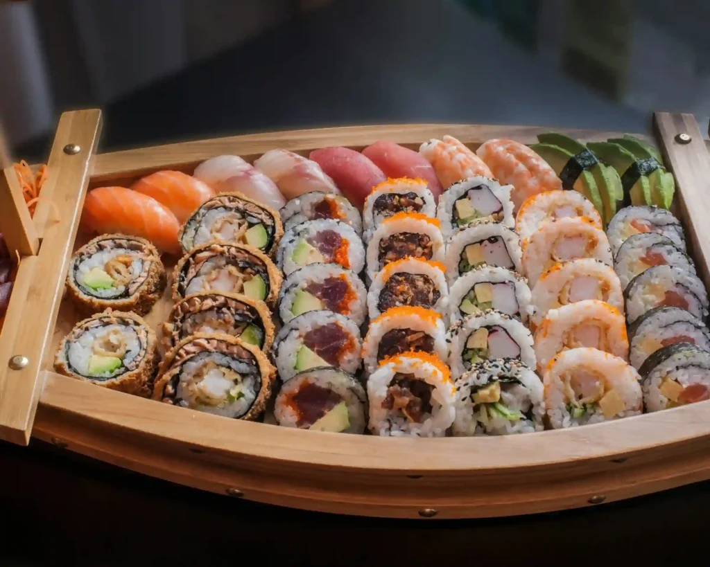 Assorted sushi rolls plated at a Japanese sushi bar in central Athens